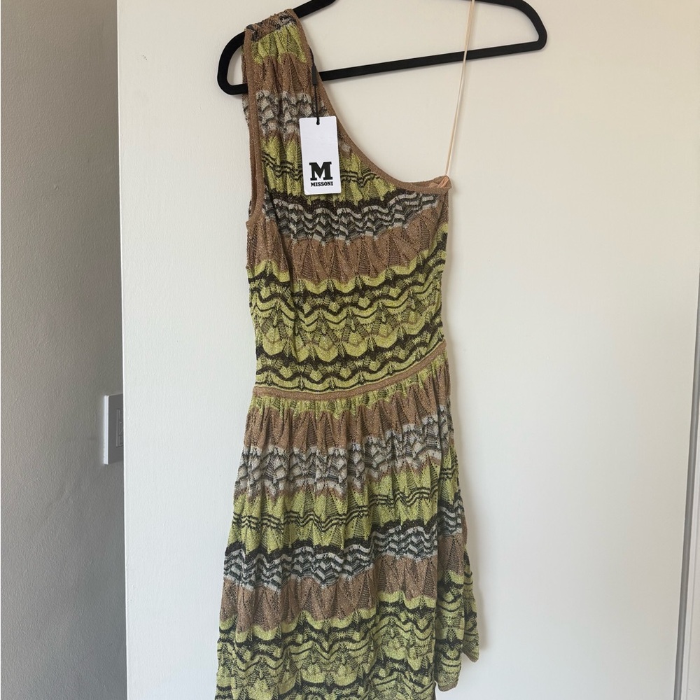 Missoni One-Shoulder Zigzag Dress in Green and Brown